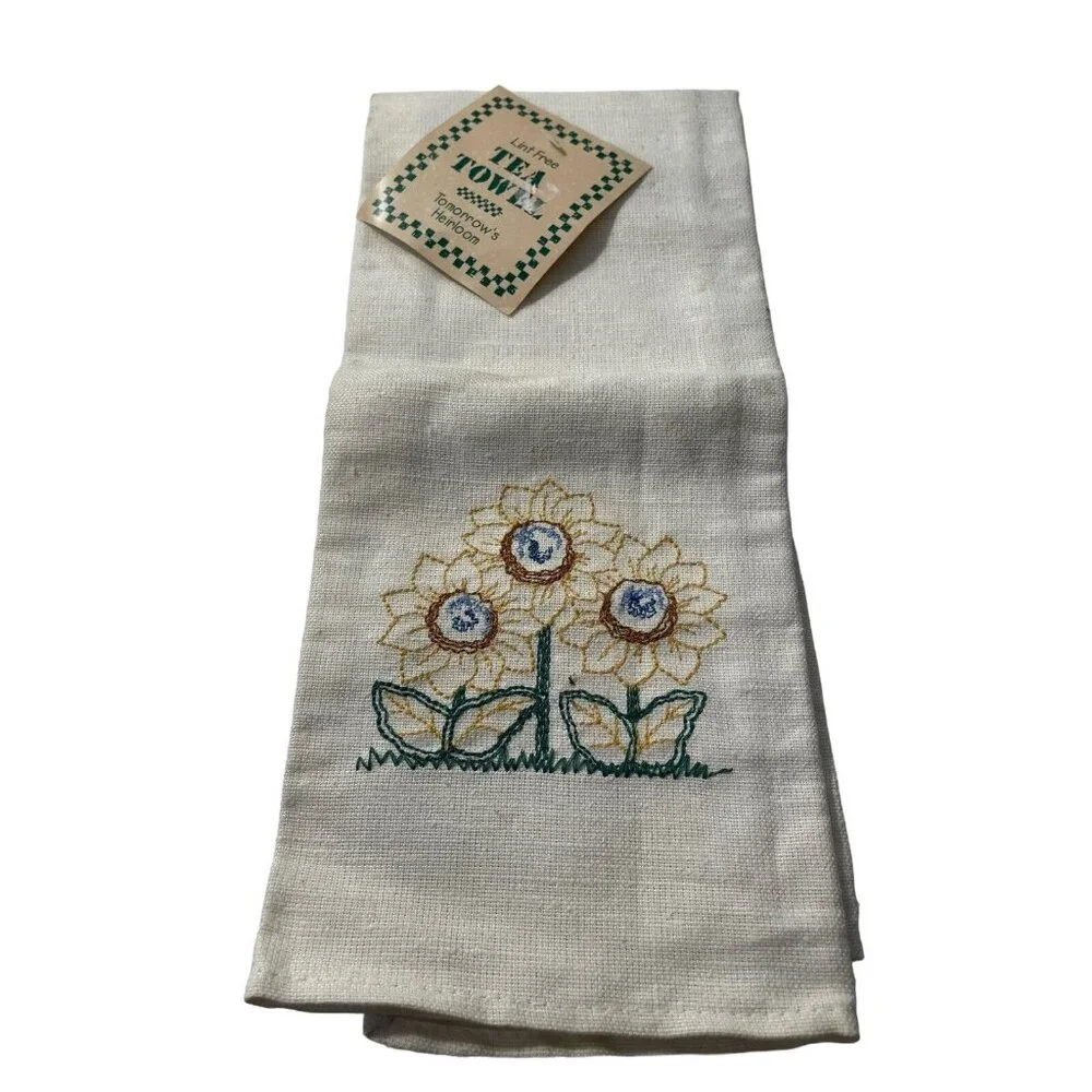 NOS Vintage‎ Lint Free Hand Tea Towel Embroidered Floral Sunflower Tan Beige